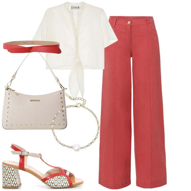 Outfit donna - Corallo. Stile Urban per Tutti i giorni. Abbinamento con pantaloni a palazzo, braccialetti, borse a spalla, cinture, camicie a manica corta, sandali col tacco.
