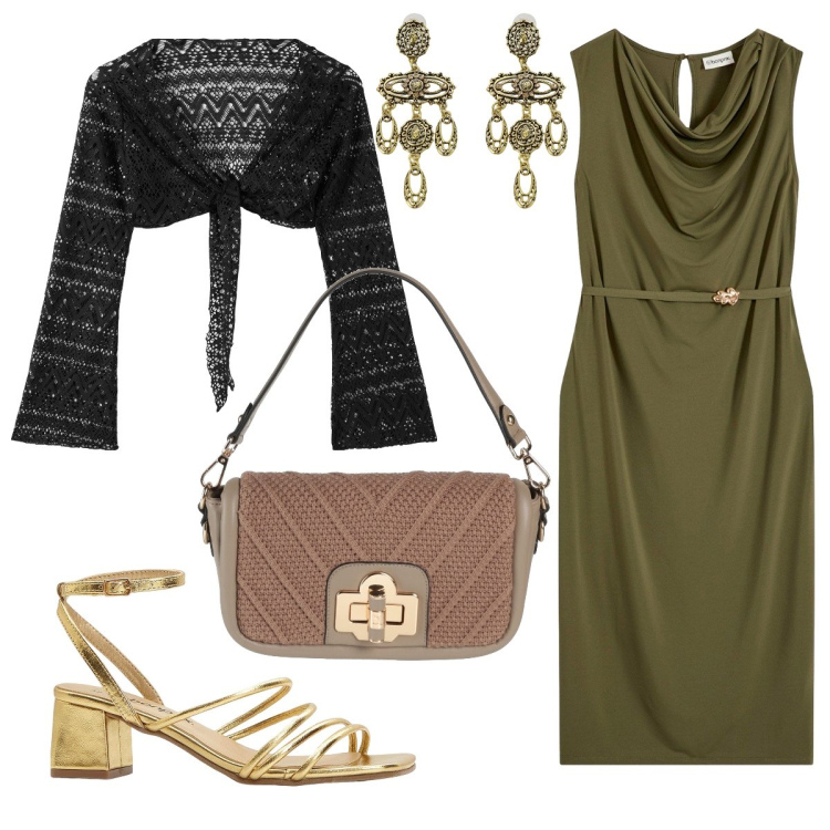 Outfit donna - Perfetta con il tubino verde. Stile Bon Ton per Serata fuori. Abbinamento con sandali col tacco, vestiti, borse a mano, bolero, orecchini.