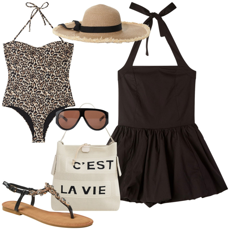 Outfit donna - Primo giorno di mare. Stile Casual per Mare. Abbinamento con vestiti corti, costumi interi, borse a mano, sandali gioiello, occhiali da sole, cappelli.
