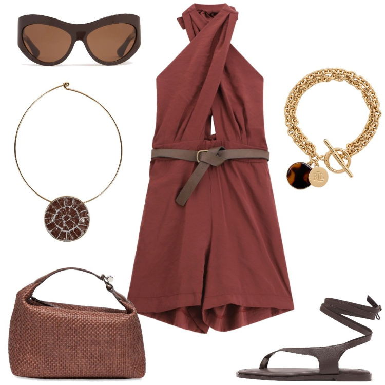 Outfit donna - In vacanza. Stile Casual chic per Tutti i giorni. Abbinamento con collane, braccialetti con ciondoli, tute, sandali in pelle, pochette, occhiali da sole.