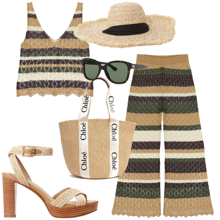 Outfit donna - Crochet vibes. Stile Glamour per Mare. Abbinamento con top, pantaloni, cappelli, occhiali da sole, sandali, shopping bag.