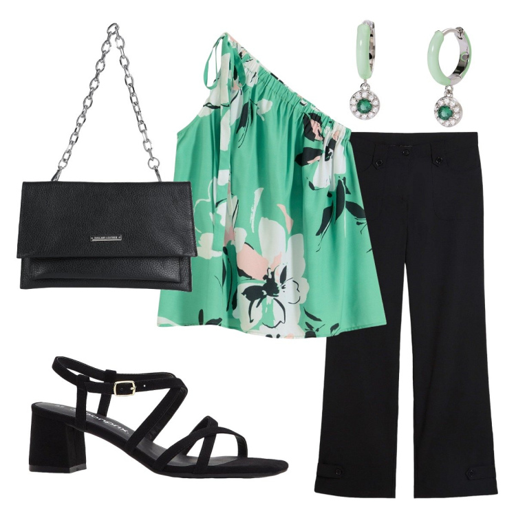 Outfit donna - Il top monospalla. Stile Trendy per Serata fuori. Abbinamento con pantaloni, top, sandali col tacco, borse a mano, orecchini.