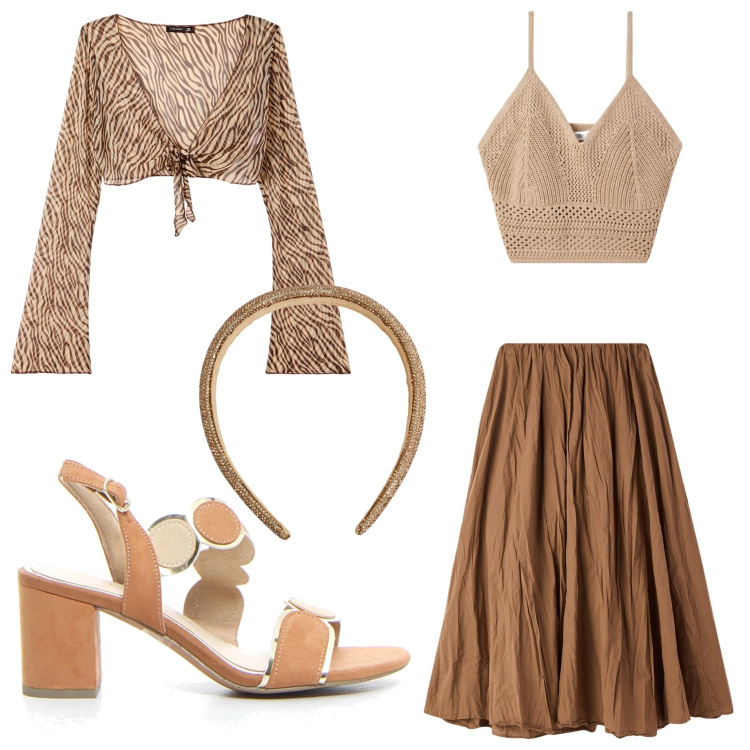 Outfit donna - Vintage animalier. Stile Vintage retrò per Tutti i giorni. Abbinamento con top, gonne lunghe, cerchietti, bolero, sandali col tacco.