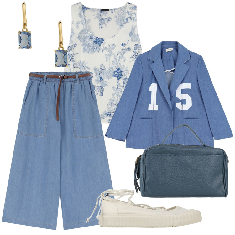 Outfit donna - A lavoro. per Ufficio. Abbinamento con borse a mano, ballerine, jeans, blazer, orecchini, top.
