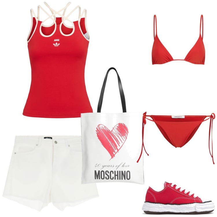 Outfit donna - Destinazione mare. Stile Sporty chic per Mare. Abbinamento con borse a spalla, shorts, canottiere, sneakers, bikini.