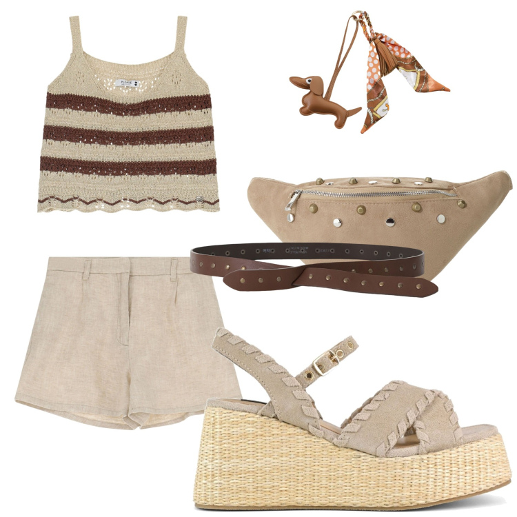 Outfit donna - Estate vintage. Stile Vintage retrò per Tutti i giorni. Abbinamento con pantaloni corti, top, marsupi, portachiavi, cinture, zeppe.