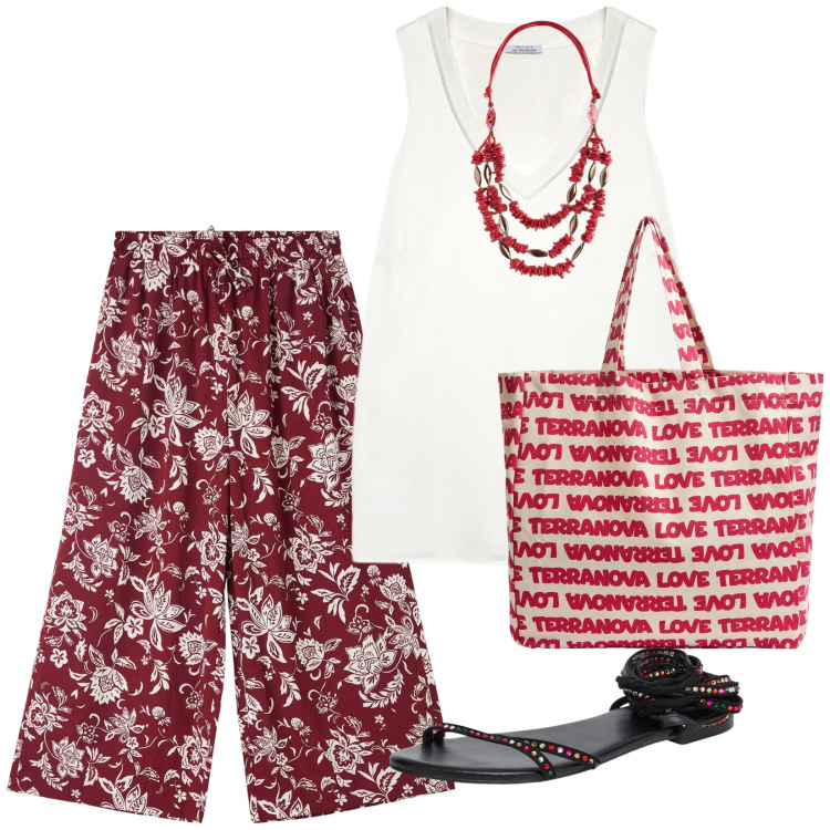 Outfit donna - Colori del rosso. per Tutti i giorni. Abbinamento con sandali alla schiava, pantaloni a palazzo, borse tote, collane, top.