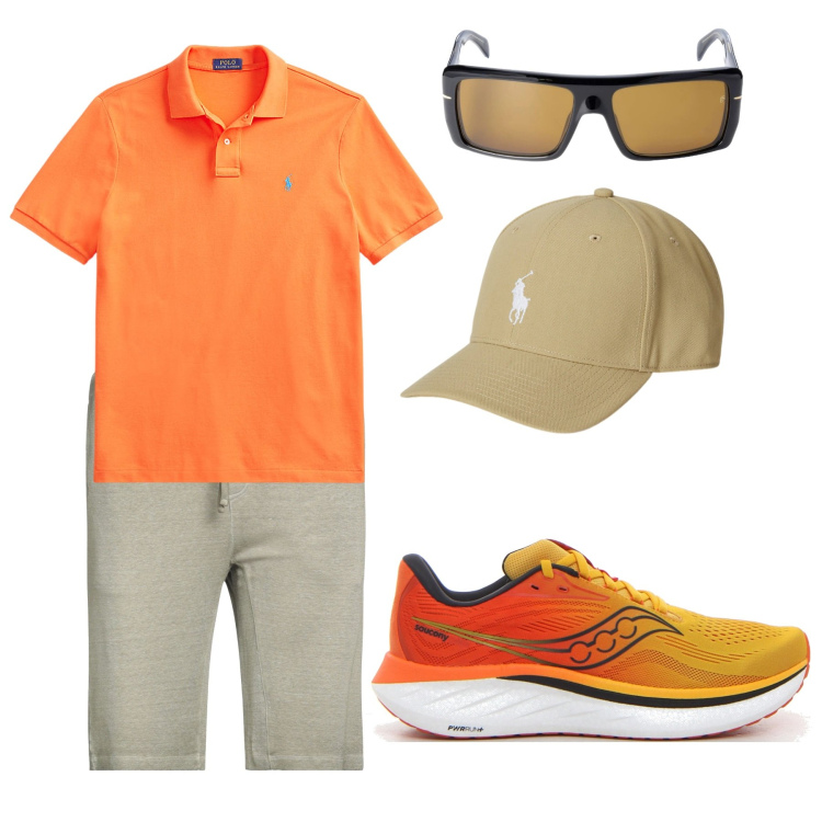 Outfit uomo - Arancio. Abbinamento con shorts, polo, cappelli, occhiali da sole, scarpe sportive.