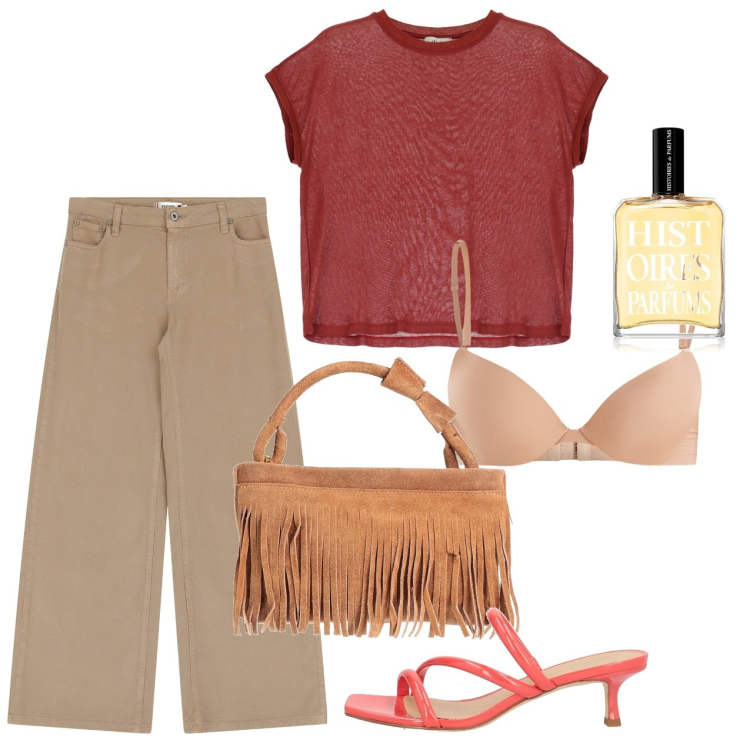 Outfit donna - Giugno. Stile Bon Ton per Tutti i giorni. Abbinamento con borse a mano, sandali col tacco, profumi, reggiseni push-up, pantaloni, t-shirt.