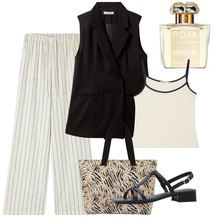 Outfit donna - B&N. Stile Bon Ton per Ufficio. Abbinamento con sandali col tacco, profumi, gilet, pantaloni, top, shopping bag.