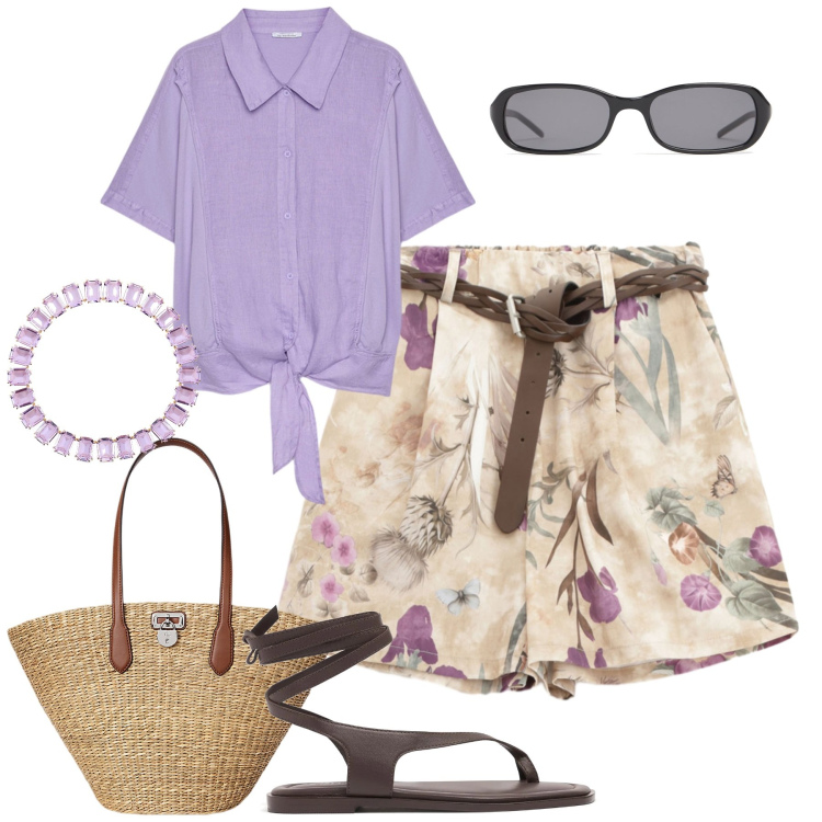 Outfit donna - In vacanza. Stile Casual chic per Tutti i giorni. Abbinamento con shorts, borse tote, camicie, occhiali da sole, sandali in pelle, collane.