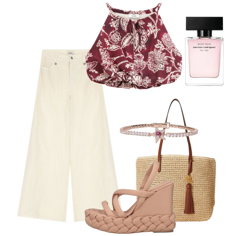 Outfit donna - Giugno. Stile Bon Ton per Tutti i giorni. Abbinamento con sandali col tacco, profumi, braccialetti, top, pantaloni, borse tote.