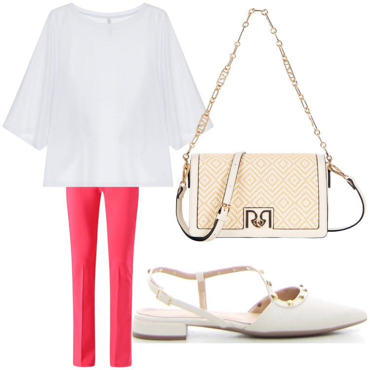 Outfit donna - Aperitivo. Stile Trendy per Tutti i giorni. Abbinamento con borse a tracolla, pantaloni, t-shirt, sandali in pelle.