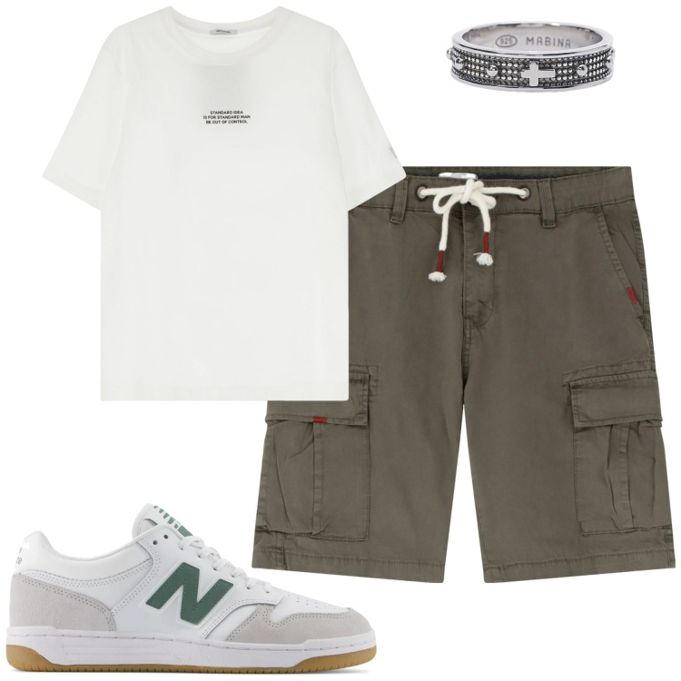 Outfit uomo - Bermuda e t-shirt. Stile Casual per Tutti i giorni. Abbinamento con anelli, sneakers, bermuda, t-shirt.
