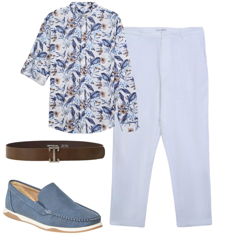 Outfit uomo - Lino protagonisti. Stile Trendy per Tutti i giorni. Abbinamento con scarpe stringate, camicie, pantaloni chino, cinture.