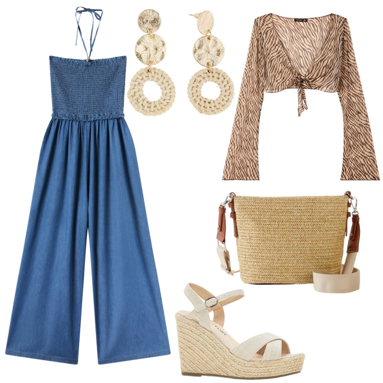 Outfit donna - Basic ma chic. Stile Casual chic per Tutti i giorni. Abbinamento con sandali, orecchini, borse a tracolla, tute, bolero.