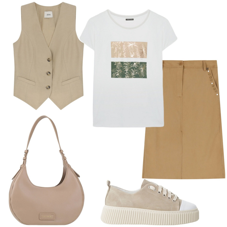 Outfit donna - Comoda in città. Stile Casual per Tutti i giorni. Abbinamento con borse a spalla, sneakers, gonne longuette, gilet, t-shirt.