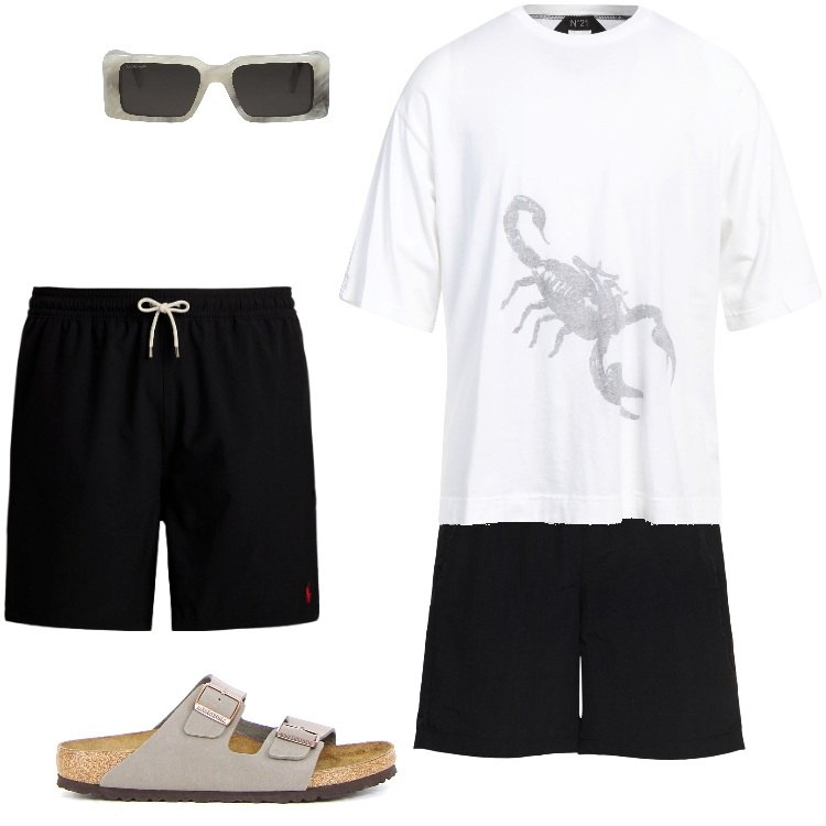 Outfit uomo - Total look #2188904. Stile Trendy per Mare. Abbinamento con t-shirt, occhiali da sole, costumi, sandali, shorts.