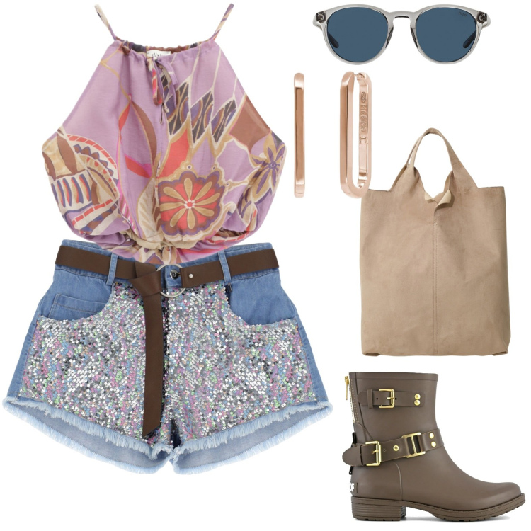 Outfit donna - Giornata in libertà. Stile Casual per Tutti i giorni. Abbinamento con orecchini, top, shorts, shopping bag, occhiali da sole, stivali.