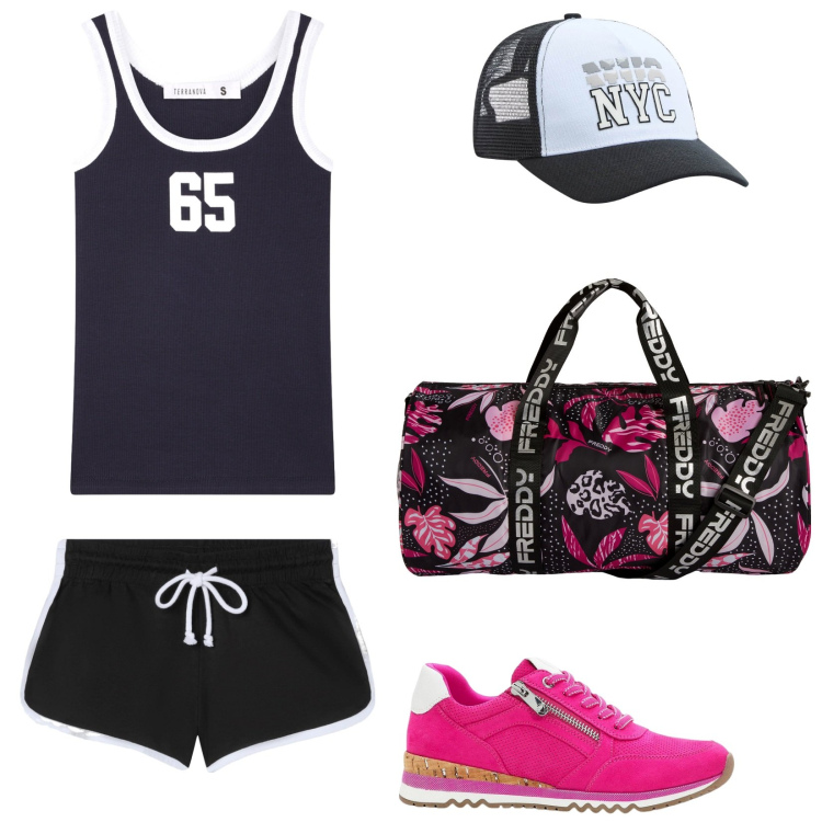 Outfit donna - Sport d\'estate. Stile Urban per Sport. Abbinamento con sneakers, cappelli, pantaloncini sportivi, t-shirt sportive, borse sportive.