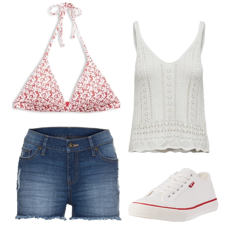 Outfit femme - Basic summer. Style Minimal pour Tous les jours. Assortir avec short, hauts, maillot de bain 2 pièces, sneakers.
