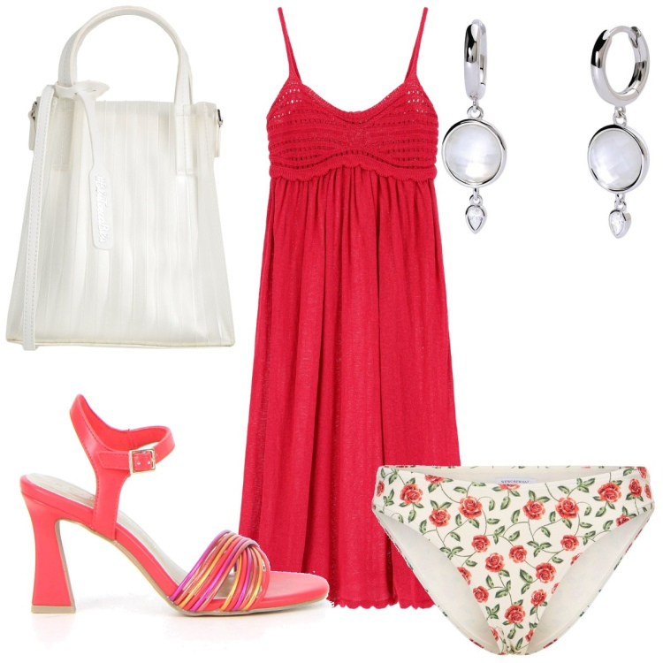 Outfit donna - Total look #2188973. Stile Trendy per Mare. Abbinamento con borse a mano, orecchini, vestiti, sandali col tacco, bikini.