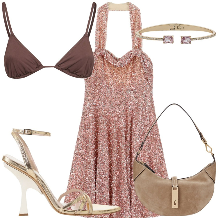 Outfit donna - Total look #2188990. Stile Glamour per Mare. Abbinamento con vestiti corti, borse a spalla, braccialetti, sandali col tacco, bikini.