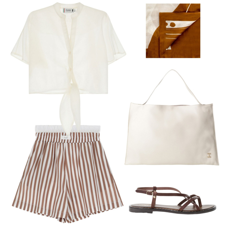 Outfit donna - Brigitte Bardot. Stile Casual per Mare. Abbinamento con sciarpe, camicie a manica corta, pantaloni corti, borse a spalla, sandali.