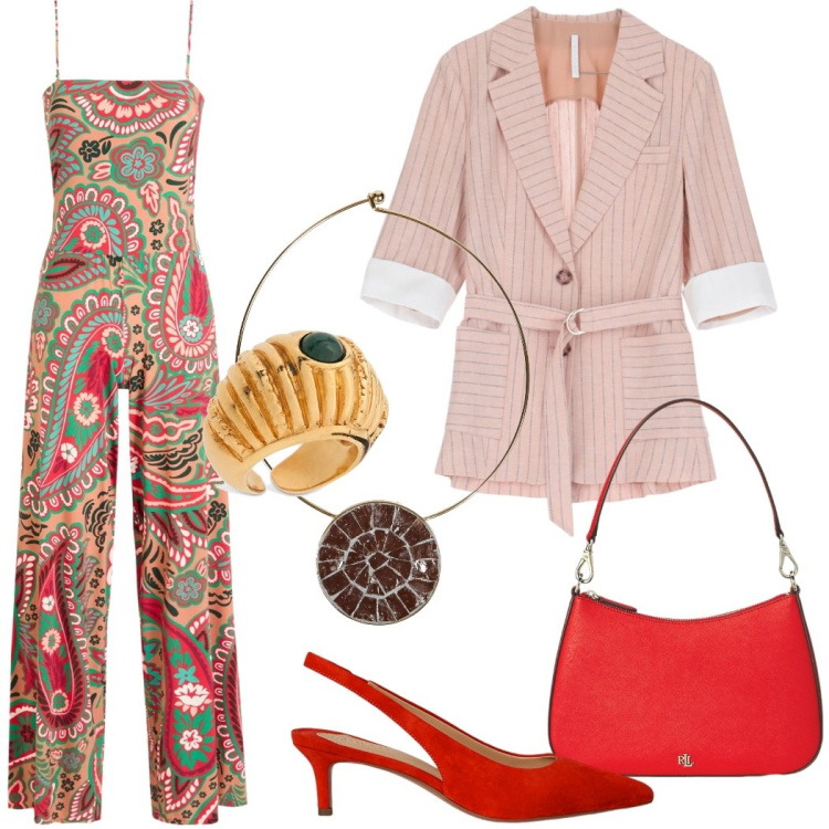 Outfit donna - La tuta da mattina a sera. Stile Casual chic per Tutti i giorni. Abbinamento con collane, tute, blazer, décolleté, borse a spalla, anelli.