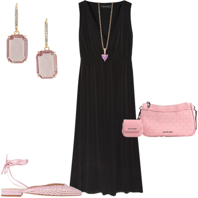 Outfit donna - Cena aziendale. Stile Chic per Serata fuori. Abbinamento con borse a tracolla, ballerine, ciondoli, orecchini, vestiti lunghi.