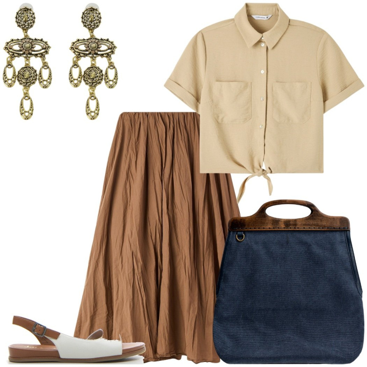 Outfit donna - Accessori vintage. Stile Romantica per Tutti i giorni. Abbinamento con gonne lunghe, camicie a manica corta, orecchini, borse a tracolla, sandali.
