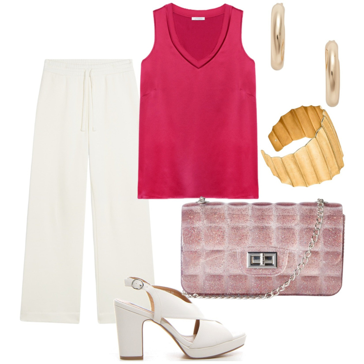 Outfit donna - Aperitivo. per Tutti i giorni. Abbinamento con borse a tracolla, pantaloni, orecchini, top, sandali col tacco, braccialetti.