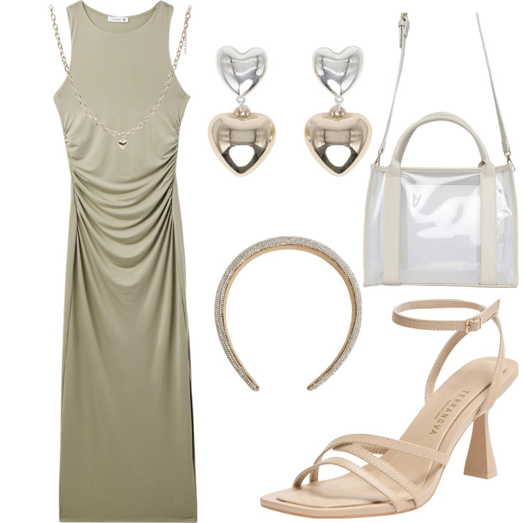 Outfit donna - Cuoricini. Stile Trendy per Tutti i giorni. Abbinamento con borse tote, collane, orecchini, vestiti lunghi, sandali col tacco, cerchietti.