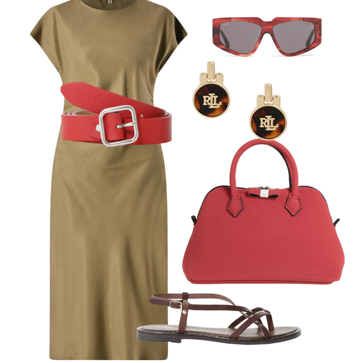 Outfit donna - In città. per Tutti i giorni. Abbinamento con borse a mano, cinture, sandali, vestiti midi/longuette, orecchini, occhiali da sole.