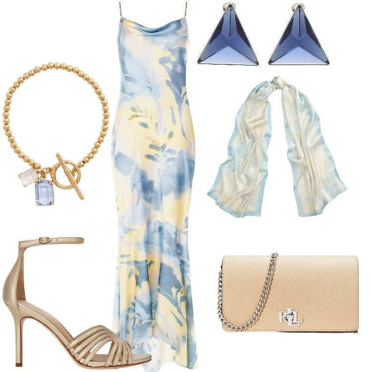 Outfit donna - Cerimonia glamour. Stile Glamour per Cerimonia. Abbinamento con orecchini, vestiti lunghi, borse a tracolla, braccialetti, sandali in pelle, foulard.