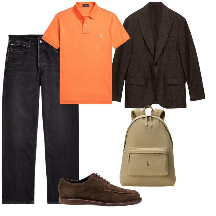 Outfit uomo - Ultimi esami. per Ufficio. Abbinamento con jeans dritti, polo, borse sportive, scarpe stringate, giacche.