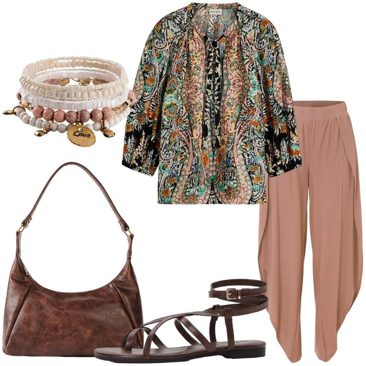 Outfit donna - Terre lontane. Stile Etnico per Tutti i giorni. Abbinamento con bluse, braccialetti, sandali, borse a mano, pantaloni.