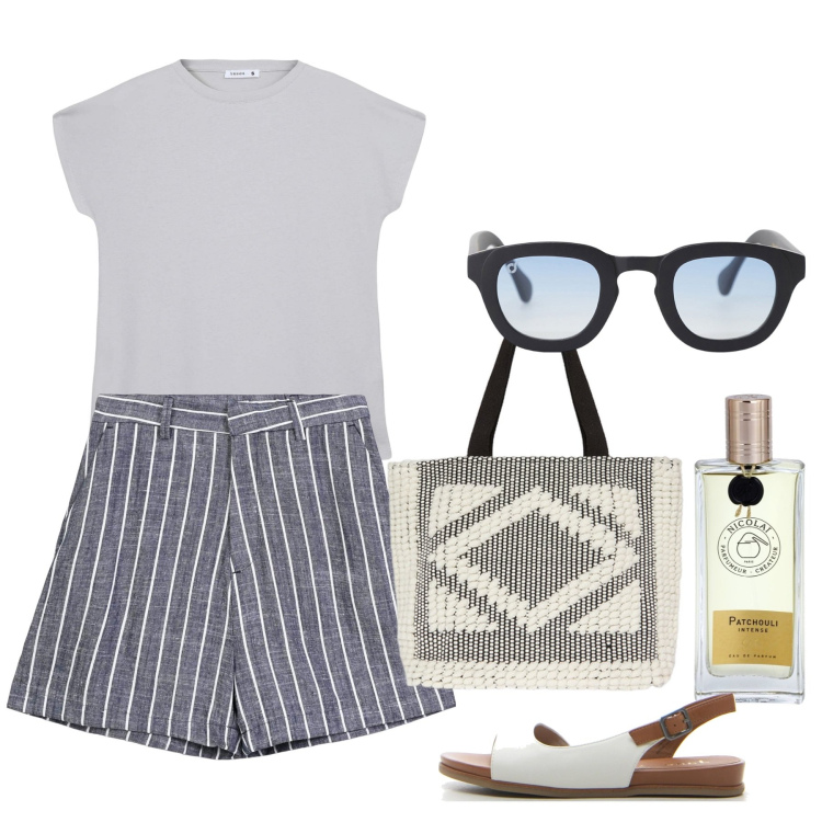 Outfit donna - Giugno. Stile Bon Ton per Tutti i giorni. Abbinamento con profumi, bermuda, t-shirt, occhiali da sole, shopping bag, sandali.