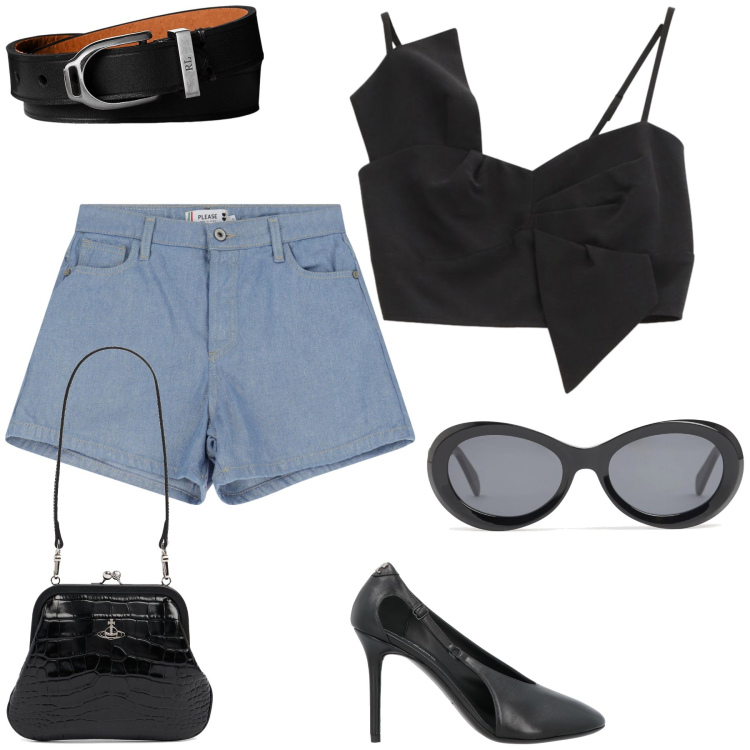 Outfit donna - L aperitivo del sabato sera. Stile Sexy per Serata fuori. Abbinamento con décolleté, shorts, top, braccialetti, pochette, occhiali da sole.