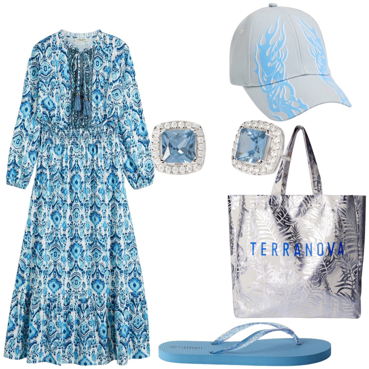 Outfit donna - Welcome Summer. Stile Boho per Tutti i giorni. Abbinamento con vestiti lunghi, borse tote, infradito, cappelli, orecchini.
