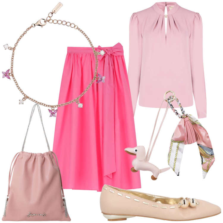 Outfit donna - Roseo ufficio estivo. Stile Bon Ton per Ufficio. Abbinamento con ballerine, braccialetti, bluse, borse a secchiello, gonne lunghe, portachiavi.
