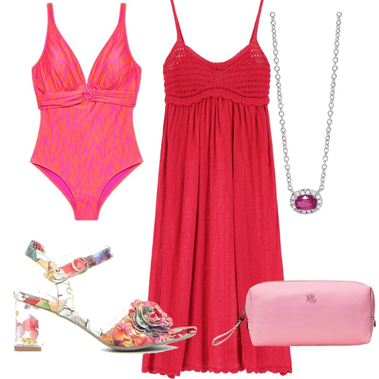 Outfit donna - Total look #2189074. Stile Trendy per Mare. Abbinamento con collane, vestiti, pochette, bikini, sandali col tacco.