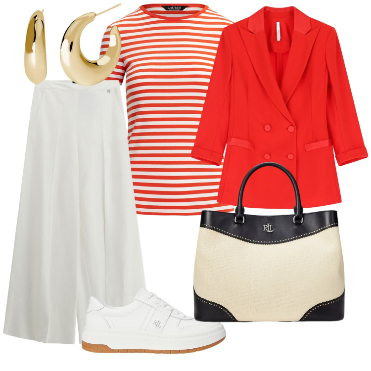 Outfit donna - Amalfi. per Mare. Abbinamento con orecchini, blazer, pantaloni a palazzo, sneakers, t-shirt, borse a mano.