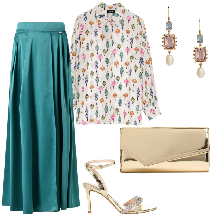 Outfit donna - Gonna lunga e cerimonia. per Cerimonia. Abbinamento con gonne lunghe, sandali col tacco, camicie, orecchini, pochette.