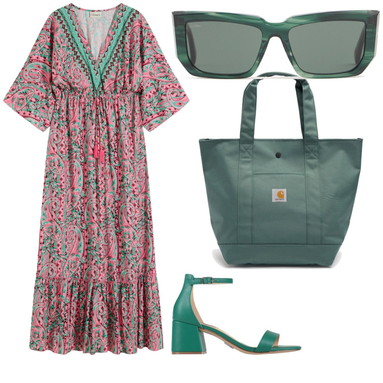 Outfit donna - Tonalità del verde. per Tutti i giorni. Abbinamento con vestiti lunghi, sandali in pelle, occhiali da sole, borse tote.
