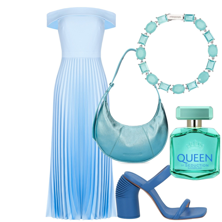 Outfit donna - Brezza marina. Stile Glamour per Cerimonia. Abbinamento con sandali in pelle, profumi, braccialetti, vestiti, borse a spalla.