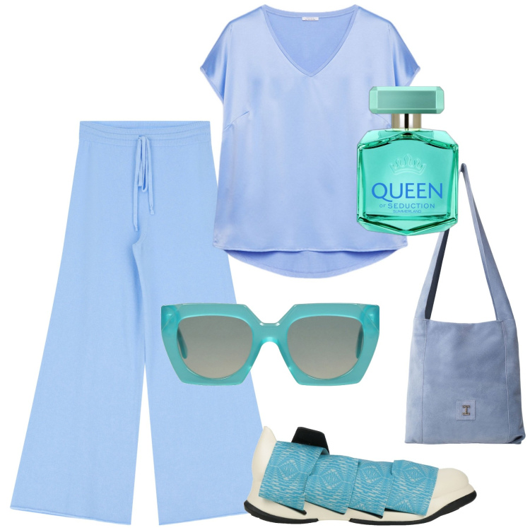 Outfit donna - Brezza marina. Stile Casual chic per Mare. Abbinamento con sneakers, occhiali da sole, profumi, borse a tracolla, pantaloni, t-shirt.