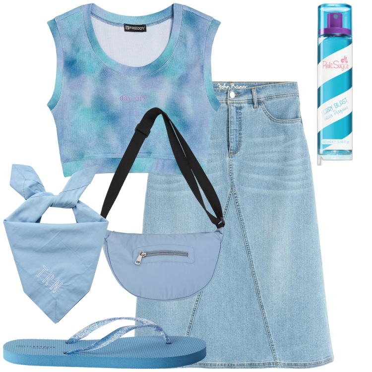 Outfit donna - Brezza marina. Stile Casual chic per Mare. Abbinamento con gonne, profumi, infradito, foulard, borse a tracolla, top.