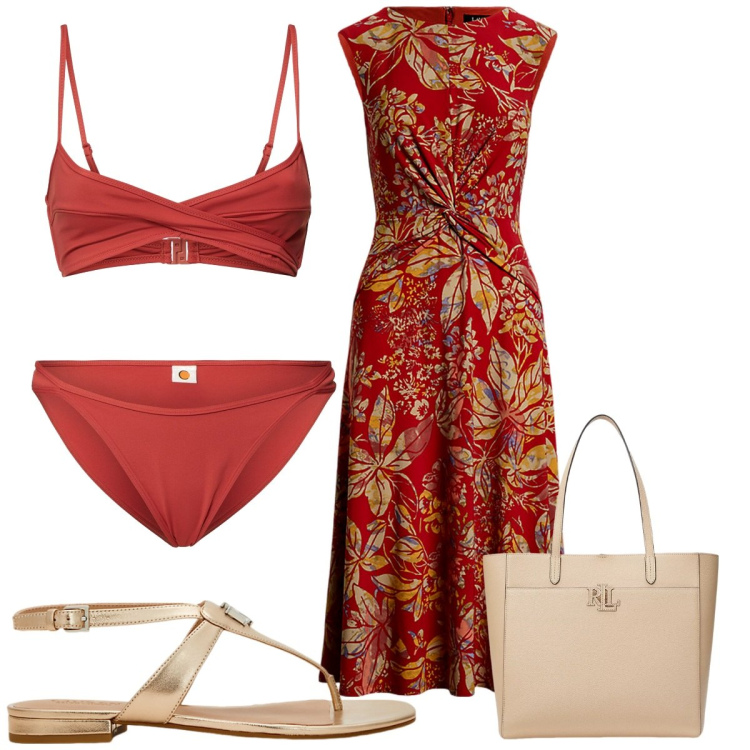 Outfit donna - Total look #2189103. Stile Glamour per Mare. Abbinamento con vestiti, sandali in pelle, borse tote, bikini, bikini.