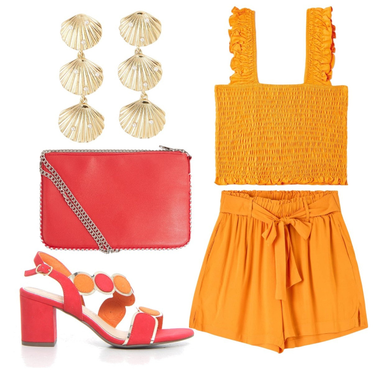Outfit donna - Il top con lo smock. Stile Trendy per Tutti i giorni. Abbinamento con shorts, top, borse a tracolla, orecchini, sandali col tacco.